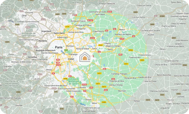 Carte des zones d'intervention de JER Rénovation en Île-de-France